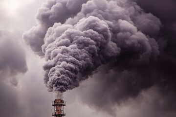 A detailed view of a factory chimney releasing a thick, dark plume of smoke.