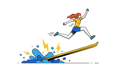 Energetic young woman jumping over obstacle on splashy surfboard isolated on white background