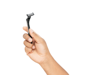 Close up hand showing a razor on isolated background