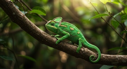 Obraz premium A green chameleon rests on a branch amidst lush foliage showcasing its textured skin coiled tail