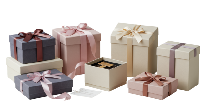 Multiple elegant, unbranded gift boxes, matte & metallic finishes, silk ribbons, subtle reveal, on a transparent studio background with copy space, professional corporate appreciation concept