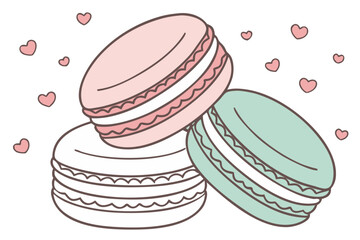Vector art of stack of three colorful macaroons with heart decorations, a sweet and delicious dessert, perfect for bakery or cafe