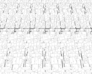 Abstract cityscape of wireframe cubes arranged in a grid pattern, with squares ranging from light to dark tones creating visual contrast.