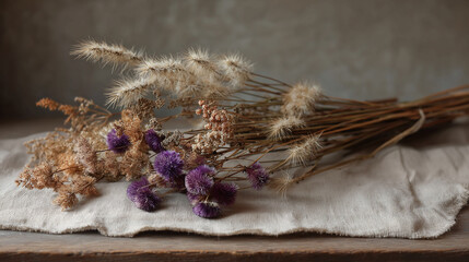 bouquets of dried flowers bunch on a wooden background showing the flowers and dry natural beauty
