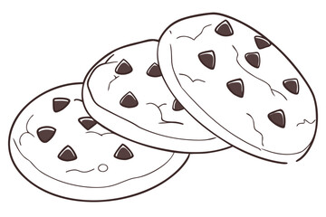 Vector art of three chocolate chip cookies, a delicious homemade treat for snack time, perfect for dessert or a sweet breakfast
