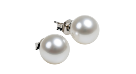 A stunning pair of lustrous white pearl stud earrings, embodying timeless elegance and sophisticated beauty, their radiant glow offering a classic touch of refinement