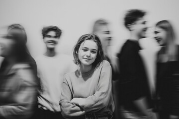 A black-and-white portrait of a young girl standing still with her arms crossed, softly smiling while a group of blurred figures moves around her in the background. The contrast between her calm prese