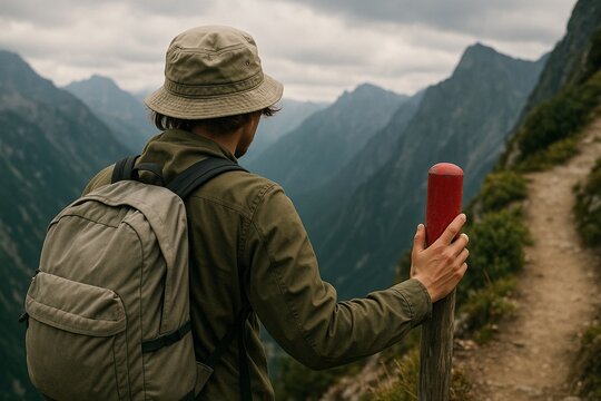 A hiker looking out over a vast mountain valley.