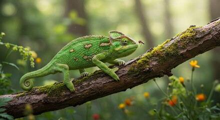 A green chameleon sits on a mossy branch eye locked on a hovering insect against a blurred background of trees and wildflowers