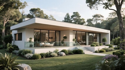 Fototapeta premium Modern Single Story House with Large Glass Windows Surrounded by Lush Garden and Mature Trees