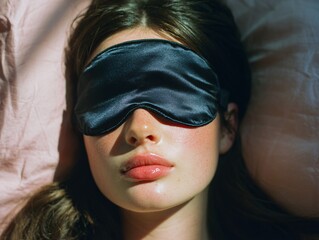 Fototapeta premium A close-up view of a woman resting comfortably in bed, a dark silk sleep mask covering her eyes, showcasing a serene and tranquil mood.