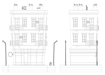 Low poly wireframe house with detailed architectural design, numerous windows, balconies, street poles, and a fire hydrant.