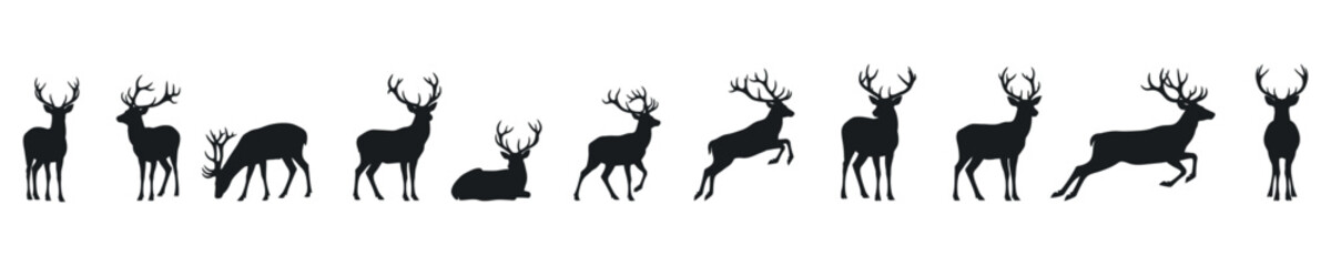 set of silhouettes of christmas deer on white background.