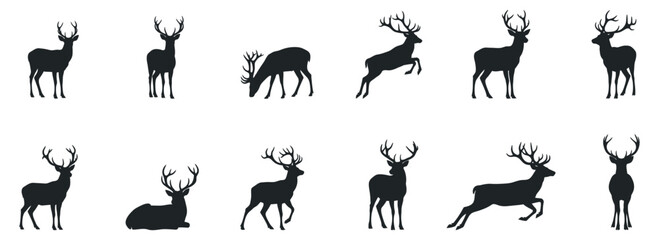 set of silhouettes of christmas deer on white background.