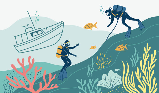 Scuba diving on the bottom of the sea in cold water from the boat. Beautiful seascape fauna, corals, algae. Divers exploring ocean nature. Concept of exploration and development. Vector illustration