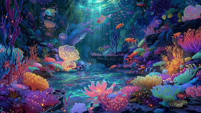 A vibrant, glowing coral reef with fish and underwater plants
