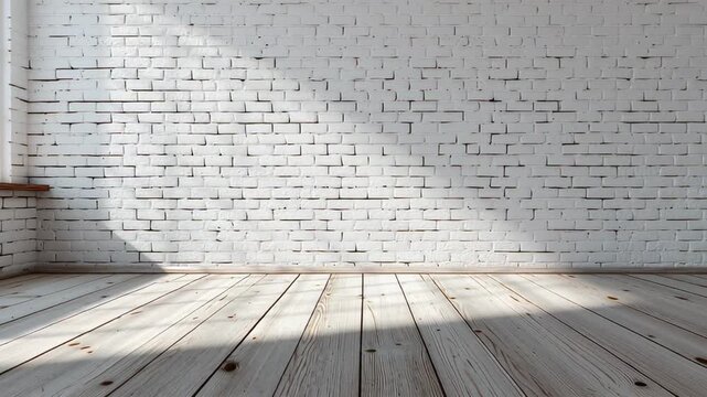 Empty, clean room with a whitewashed brick wall and light wooden floor. Morning sunlight casts a shadow across the floor and wall surface, creating a peaceful mood.
