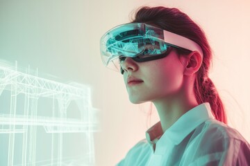 A woman wearing futuristic VR glasses views a 3D architectural model, showcasing technological advancements in design and construction.