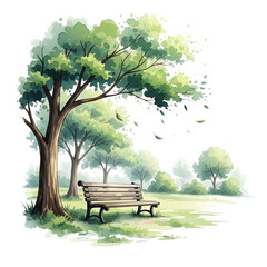 A tranquil park scene with a wooden bench under a lush green tree, surrounded by grass and other trees, with leaves gently falling, isolated on transparent background