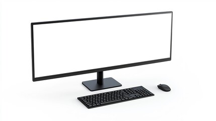 Fototapeta premium Ultrawide monitor mockup white screen desk less floating view centered on white background no shadow