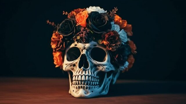Decorative human skull adorned with vibrant autumn flowers and foliage against a dark background on wooden