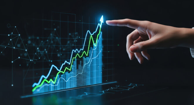 Navigating Growth A Hand Interacting with a Digital Graph Displaying Upward Trends, Representing Business Analytics, and Strategic Market Insights