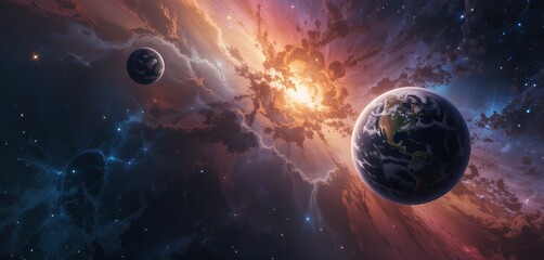 Two planets in a vast and colorful galaxy.