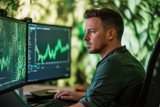 A focused man analyzes financial data on dual monitors, showcasing investment and market trends.