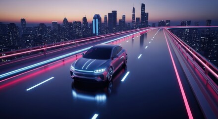 Digital car on highway at dawn. Future smart city background. Traffic visualization for autonomous driving and modern transportation concept.