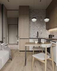 Small open-plan kitchen with wooden textures, soft lighting, and clean Scandinavian design elements.
