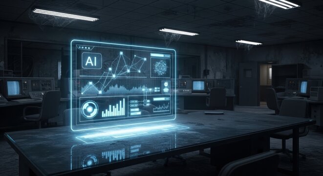 Futuristic artificial intelligence hologram with data on desk in an abandoned control room. AI analytics technology concept for future innovation.