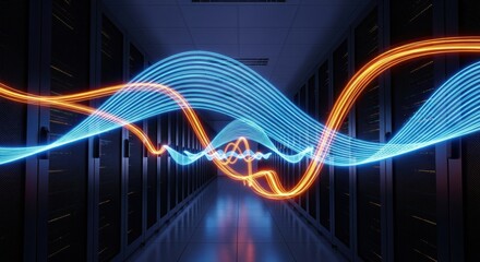 Neon wavy lines with light streaks traveling through data center server room. Digital information flowing. Concept of big data transfer.