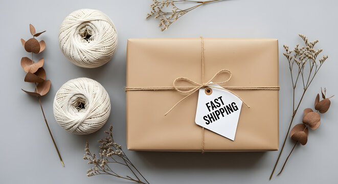 Gift Box with Fast Shipping Tag and Twine package delivery