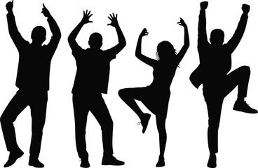 Energetic dancing silhouettes of four people celebrating with expressive poses, joyful movement, and dynamic stances on clean white background vector illustration