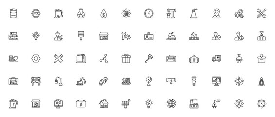 Construction icon set. Industrial vector icons. Includes symbols for barrel, robotic arm, factory, worker, tools, machinery, construction vehicles, and more. Editable stroke.
