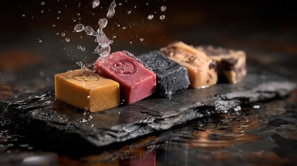 Artisan soaps on slate with water splashing