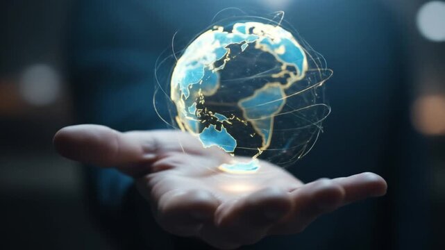 A person holding a glowing digital globe representing global connectivity and technology advancements - Powered by Adobe
