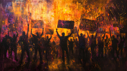 A vibrant and emotional protest painting, with figures holding banners and demanding equality for all.