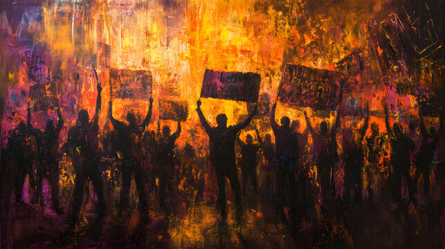 A vibrant and emotional protest painting, with figures holding banners and demanding equality for all.
