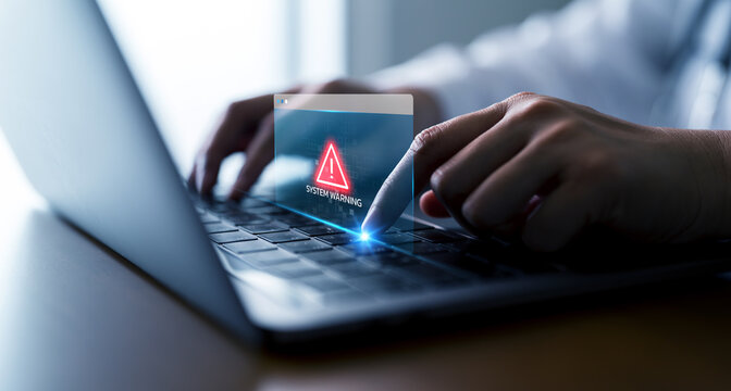 System warning alert appears on futuristic hologram interface while doctor interacts with laptop. Cybersecurity threat, patient data error notification or digital system failure in technology concept.