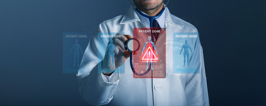 Doctor using futuristic medical interface showing patient health data with system warning alert. Concept of smart healthcare technology, doctor diagnosis monitoring and digital medical risk.