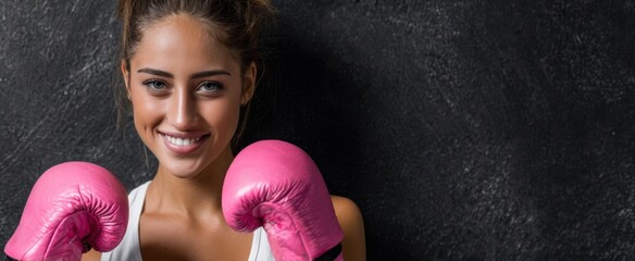 The boxer smiling confidently with pink gloves against textured dark background