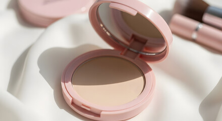 Pink compact powder with mirror and makeup brushes