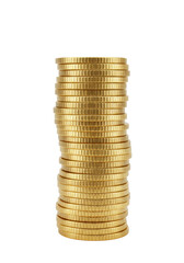 A tall stack of shiny gold coins with ridged edges on a transparent studio background with soft lighting and ample copy space, concept of financial prosperity