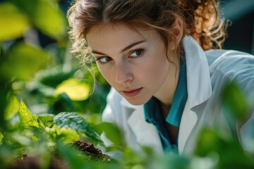 A focused female scientist examines a plant, engrossed in botanical research, showcasing dedication and scientific inquiry.