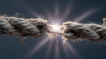 A frayed rope about to break with a bright light showing through the break

