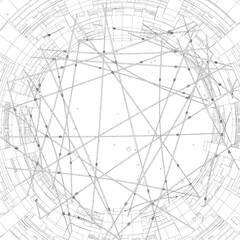 A black and white wireframe drawing of a circular space station composed of intricate lines and numerical data points.