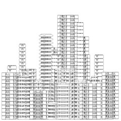 A sci-fi city building with countless windows in black and white contour drawing, composed of varied shapes and sizes reaching toward the sky. © German Ovchinnikov