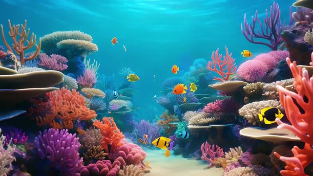 Dynamic underwater coral reef scene with vibrant fish swimming amongst colorful reefs