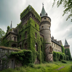 Fototapeta premium Mysterious abandoned gothic castle covered in twisting vines, blending eerie beauty with architectural decay for haunting